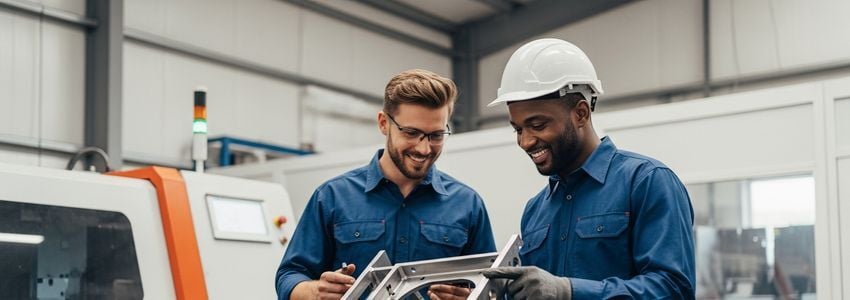 Laser cutting business owner and technician reviewing precision fabricated metal parts in a manufacturing workshop
