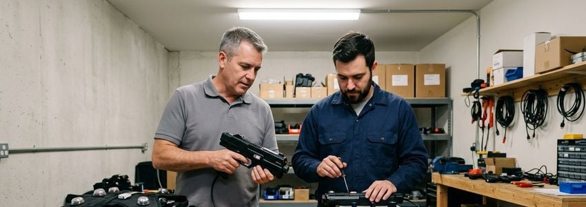 A business owner and technician inspecting laser tag phaser guns and sensor vests before opening day