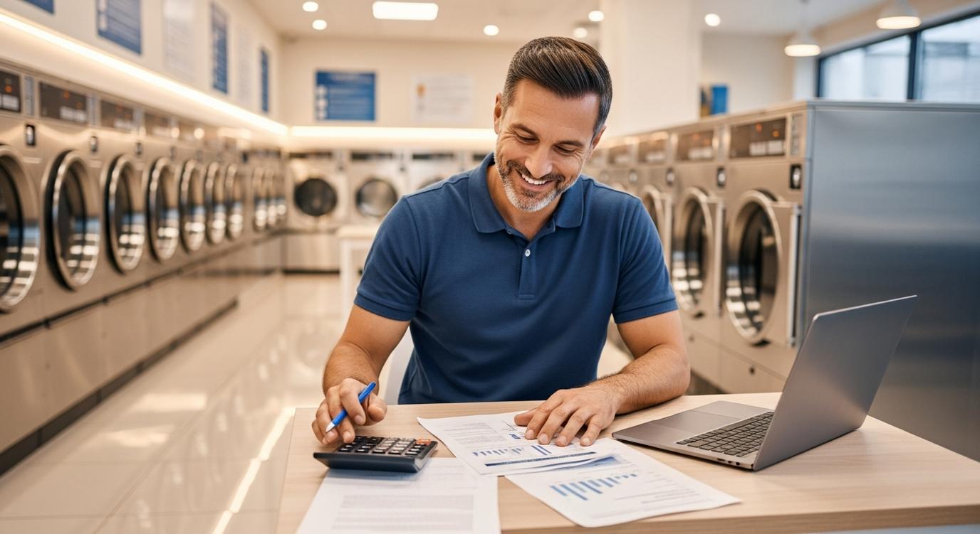 Laundromat owner reviewing financing documents and calculator at desk inside commercial laundromat