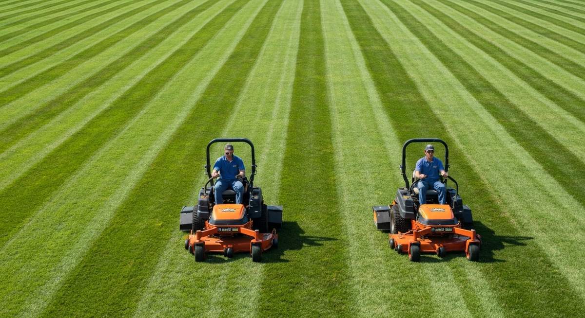 Professional lawn care crew operating commercial zero-turn mowers on a large commercial property