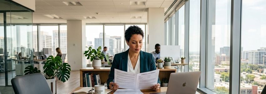 Business owner reviewing commercial lease documents to finance security deposit