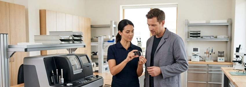 Optician and optical lab technician examining a finished eyeglass lens near a lens edging machine station
