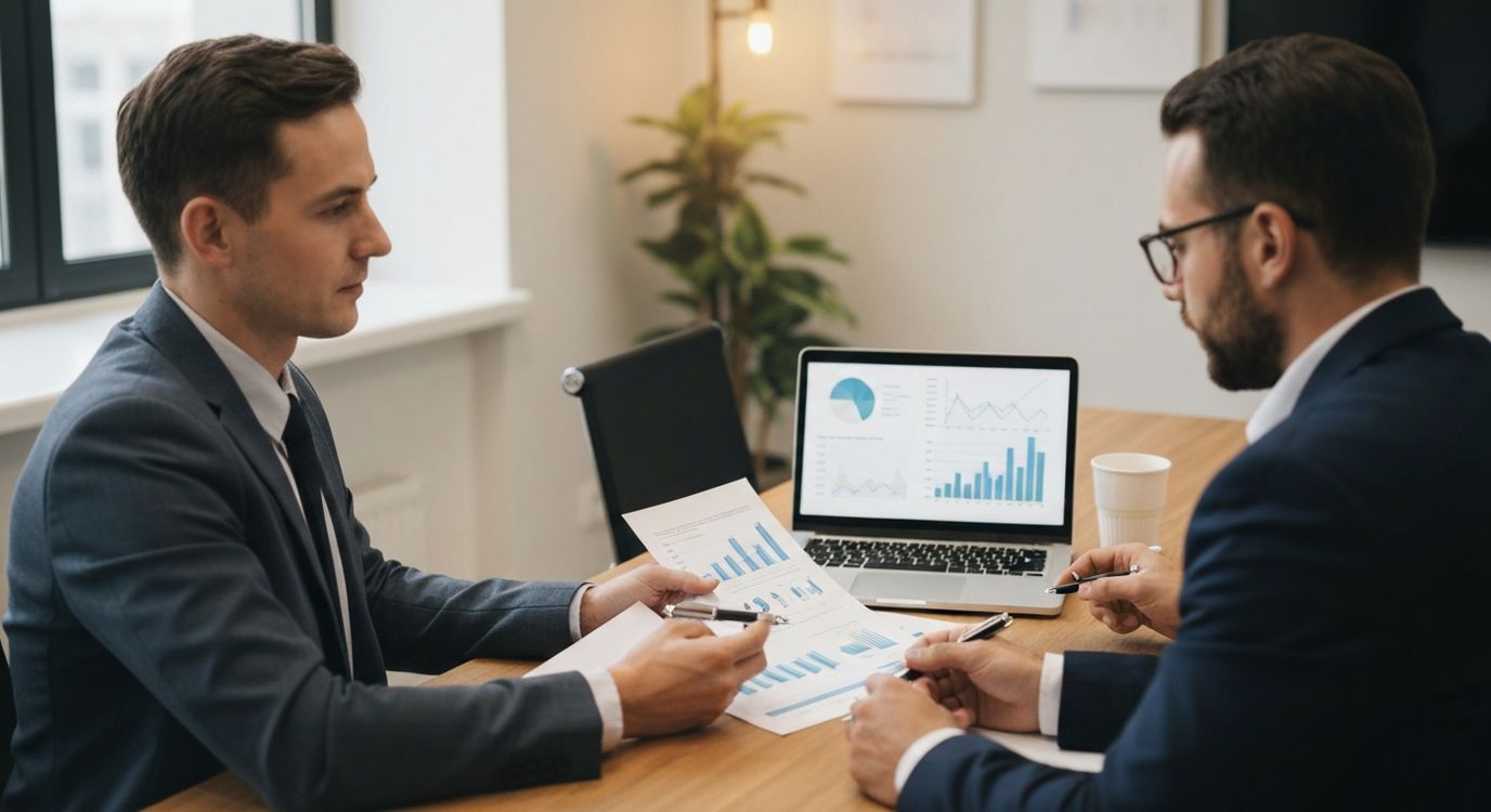Two business professionals reviewing financial charts and loan documents to develop a debt scaling strategy