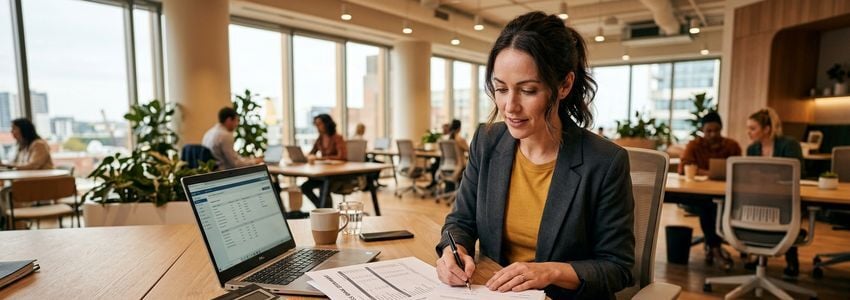 Small business owner reviewing legal documents and financing paperwork with an advisor in a professional office
