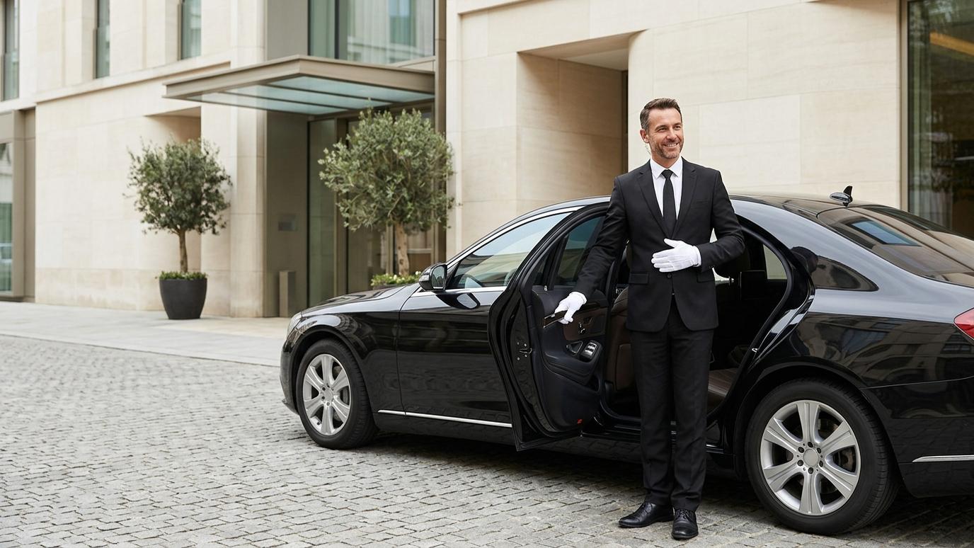 Professional chauffeur in black uniform opening the door of a luxury black limousine for a corporate client at an upscale location