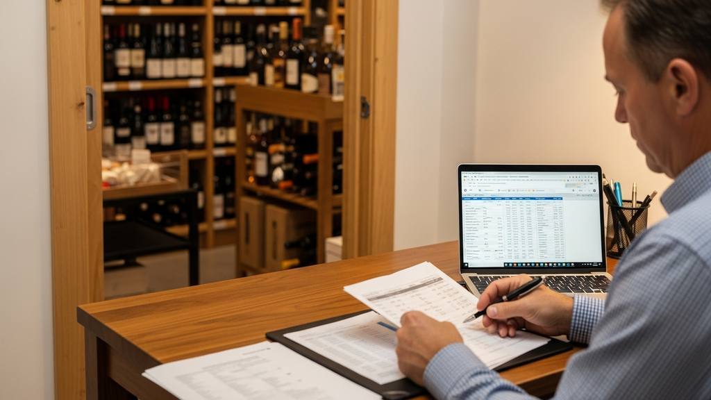Liquor store owner reviewing financing documents at the store counter with bottles of wine and spirits displayed in the background