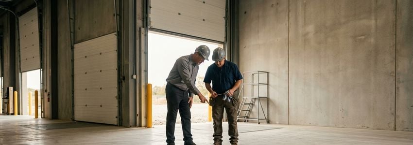 A warehouse manager and technician inspecting a hydraulic dock leveler at a commercial loading dock