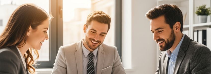 Small business owner reviewing financial documents and loan paperwork at a bright office desk