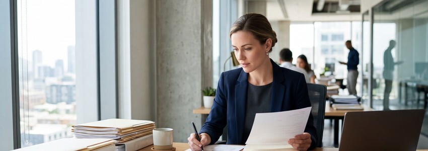 Small business owner reviewing loan documents and financial charts at a modern desk
