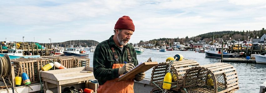 Commercial lobster fisherman reviewing boat financing paperwork on the deck of a lobster boat at a working harbor