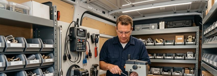 Locksmith van interior showing organized tool storage, key cutting machine, and lock hardware inventory