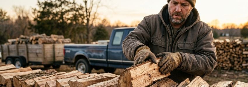 Commercial log splitter processing firewood at an outdoor tree service and firewood business yard