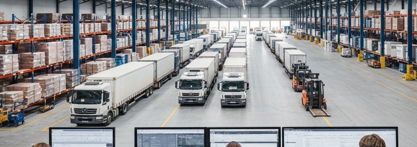 Logistics manager reviewing warehouse equipment financing proposal on laptop in warehouse setting