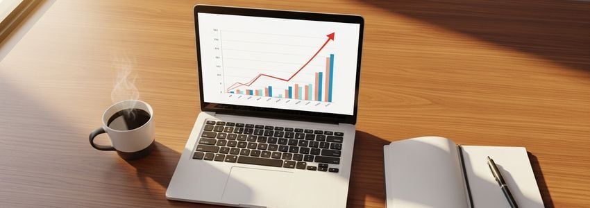 Business owner reviewing long-term financing strategy on laptop at modern office desk