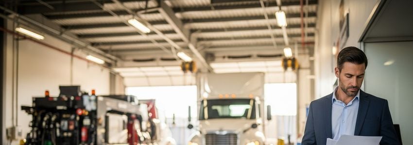 Fleet maintenance business owner reviewing lube truck financing options at a commercial vehicle depot