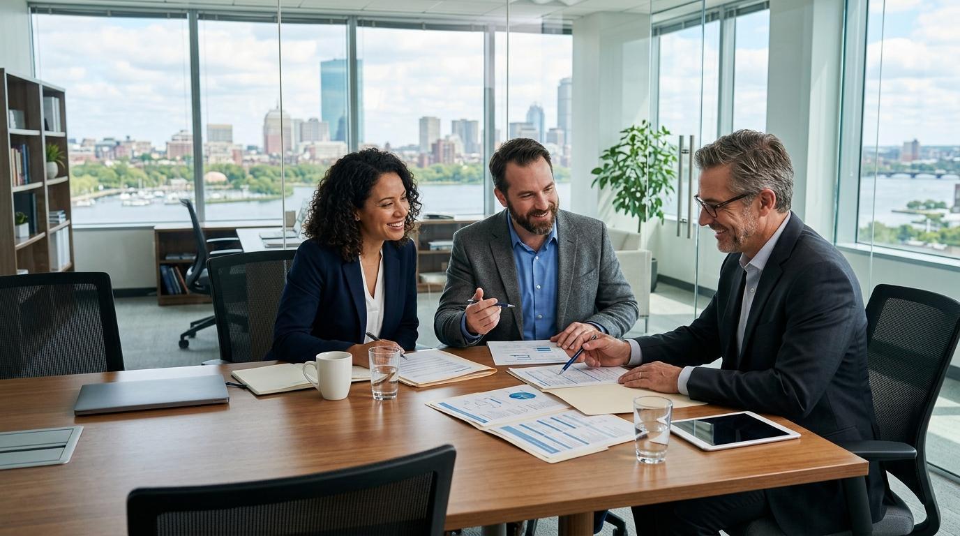 Massachusetts business owners meeting with a financial advisor to review small business loan options