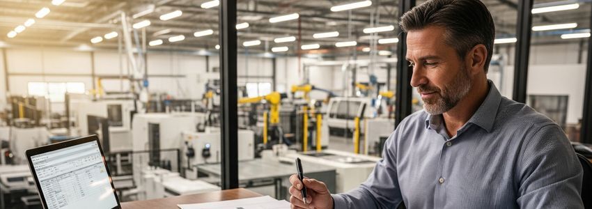 Manufacturing business owner reviewing equipment financing documents inside a production facility