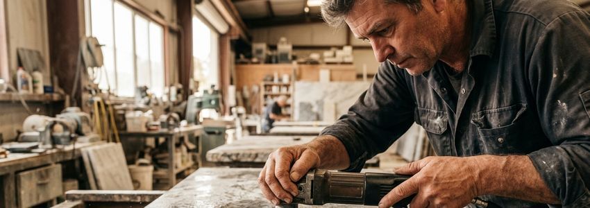 Business owner inspecting marble polishing equipment in a stone fabrication workshop