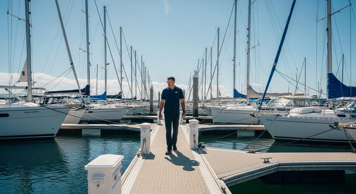 Marina dock manager walking along floating dock between moored boats at a well-maintained marina facility