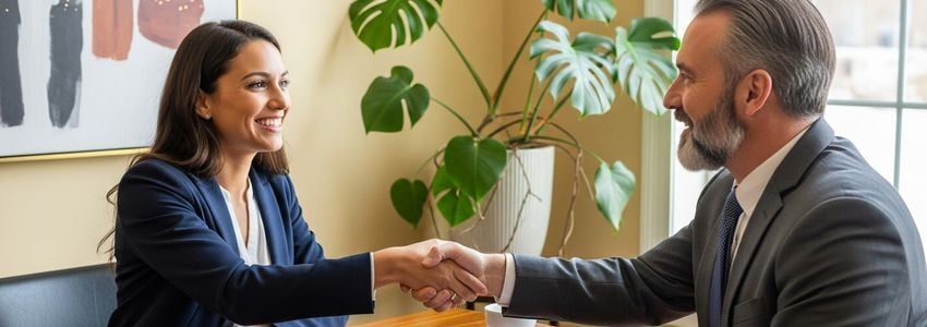 Business owner and advisor celebrating a successful marketing financing agreement with a handshake