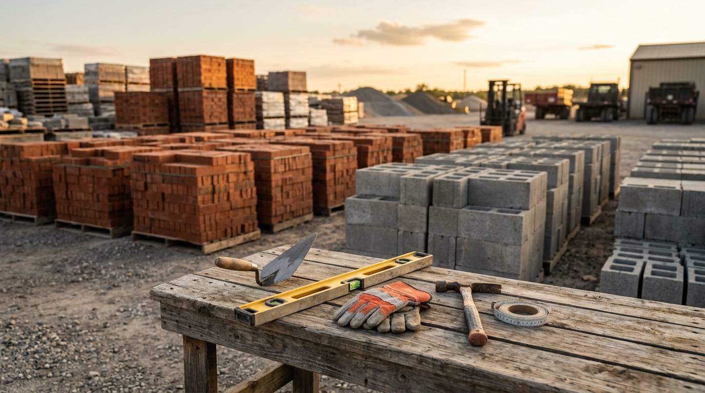 Masonry tools and brick supplies at a construction supply yard
