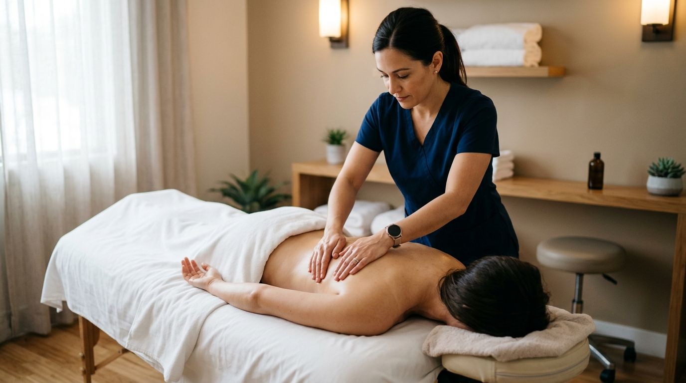 Massage therapist reviewing business financing documents at a professional wellness studio desk