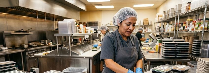 Meal prep production line workers packaging and sealing fresh meals in a commercial kitchen