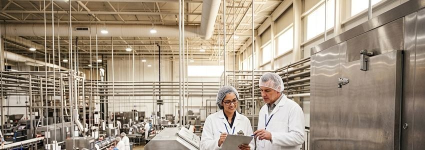 Meat processing plant workers operating stainless steel cutting and packaging equipment on a production line