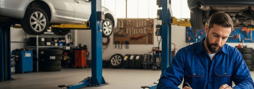 Auto repair shop owner reviewing business loan documents in a mechanic shop with car lift and tools visible in background