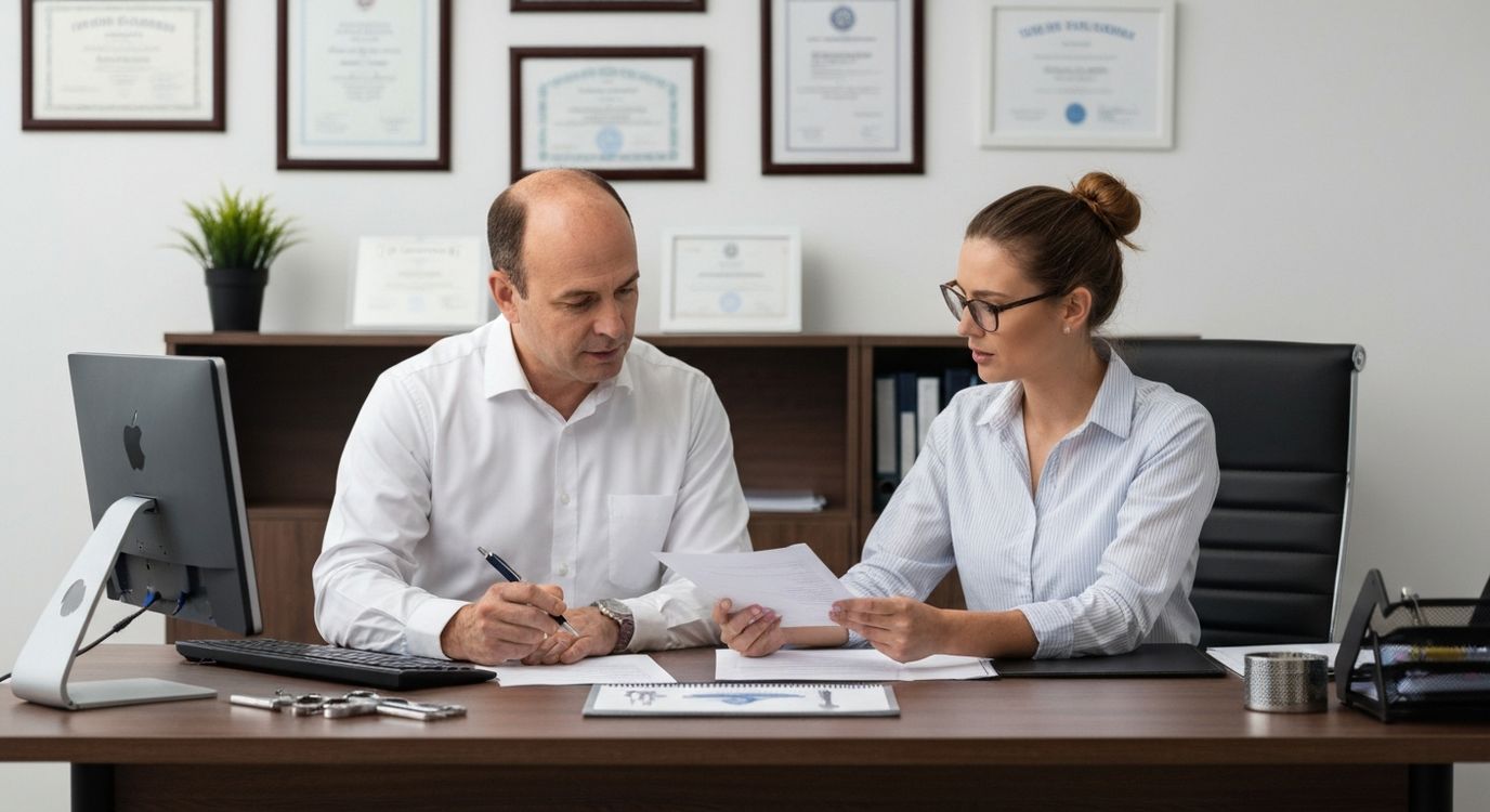 Healthcare professional reviewing medical equipment financing options at a modern clinic office