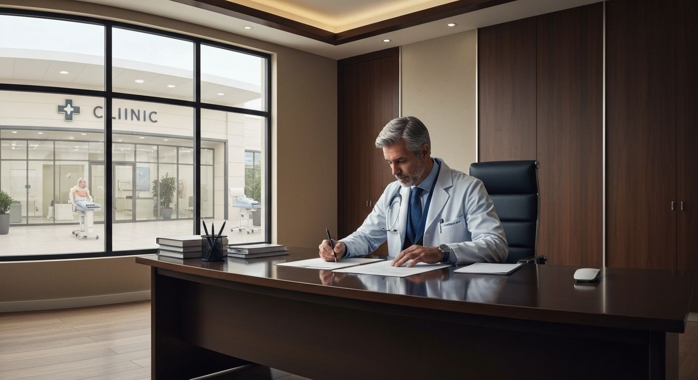 Dentist reviewing business loan documents at an office desk with dental clinic equipment visible in background