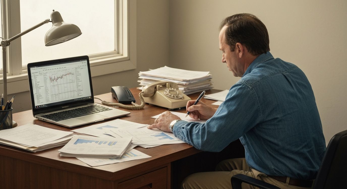 Dentist reviewing business loan documents at an office desk with dental clinic equipment visible in background