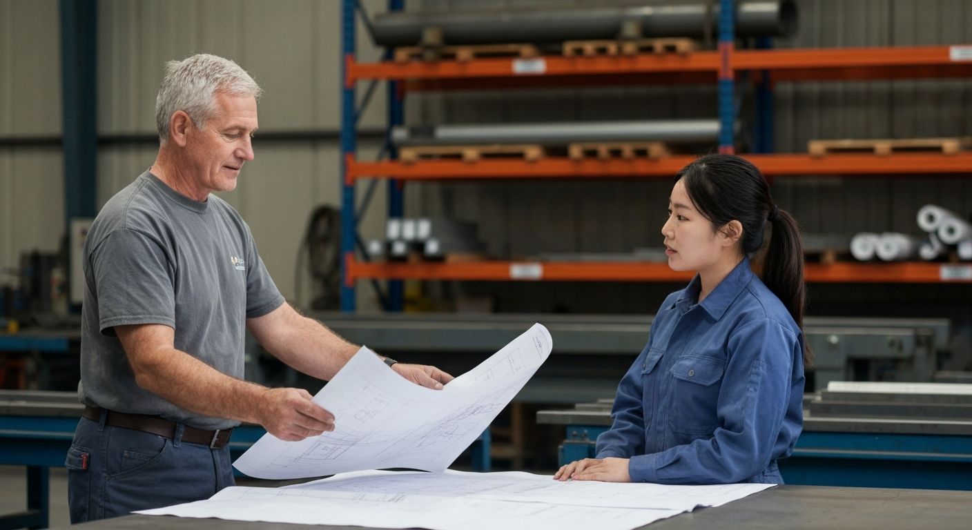 Metal fabrication business owner reviewing business loan financing options with fabrication equipment visible in background