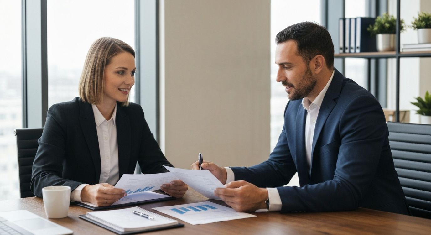 Michigan small business owners reviewing loan documents with a financial advisor in a professional office