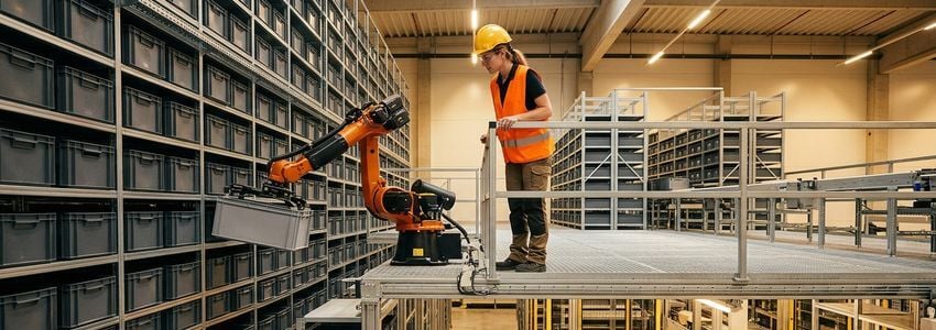 Warehouse technician inspecting robotic automation equipment inside a modern micro-fulfillment center