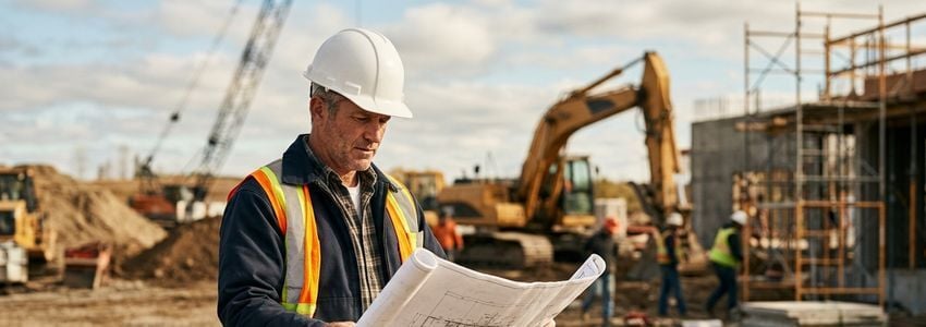 Construction contractor reviewing blueprints at an active job site while waiting on a delayed milestone payment