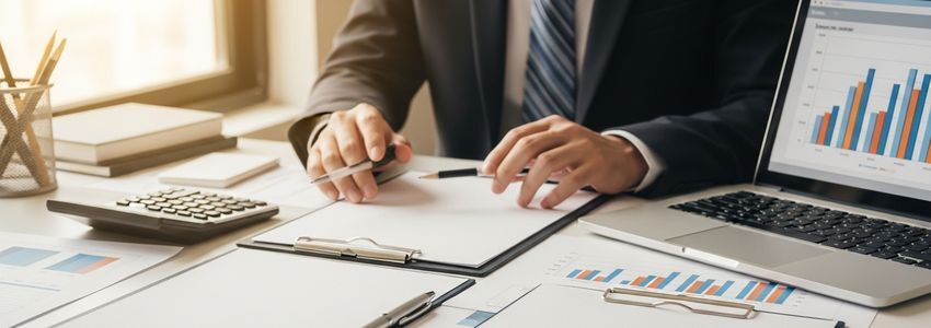 Business loan officer and owner reviewing revenue and financial documents