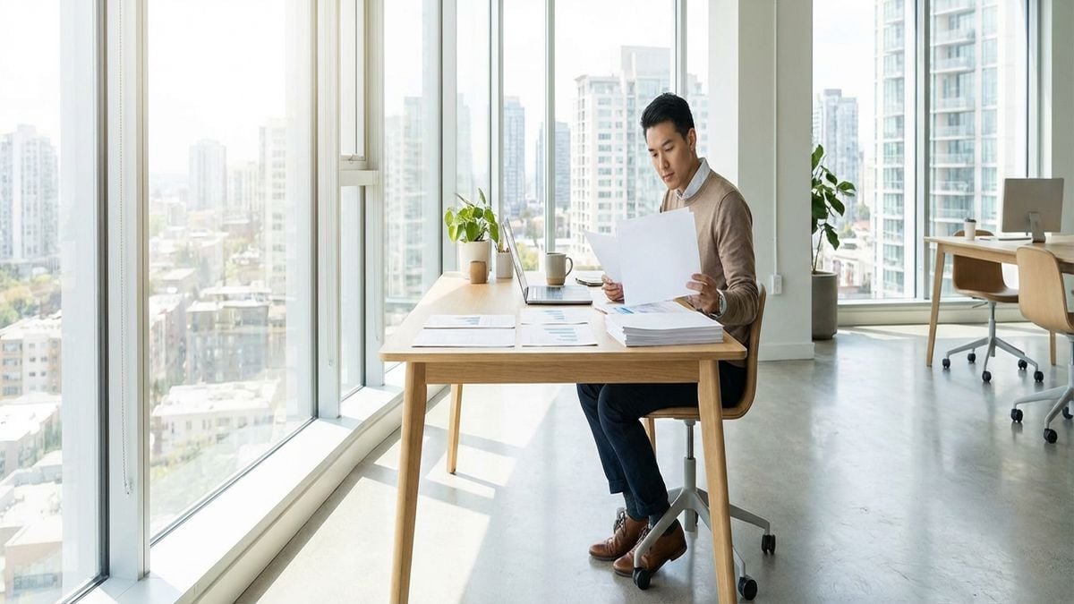 Missouri small business owner reviewing loan documents at modern office desk