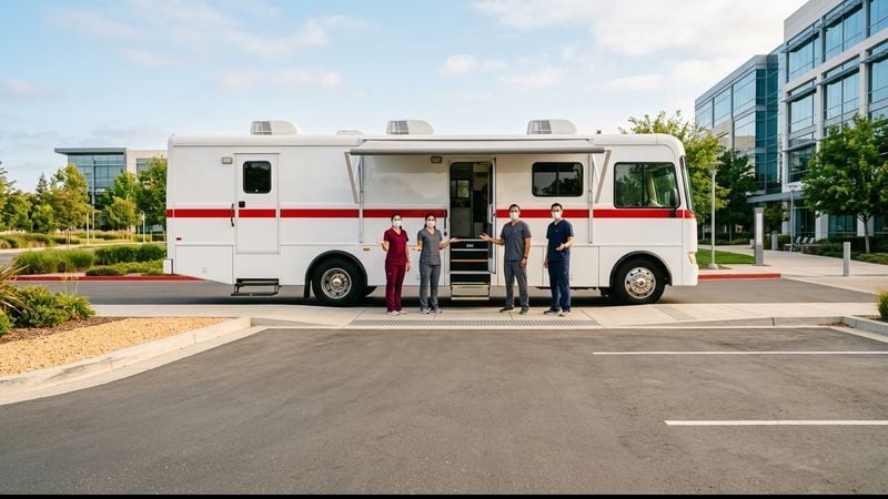 Medical professionals in scrubs standing at the entrance of a modern mobile blood donation bus parked on a corporate campus