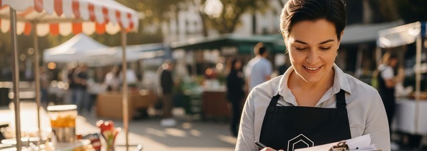 Mobile business owner reviewing financing options at an outdoor market