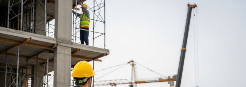 Construction manager reviewing plans at an active crane job site