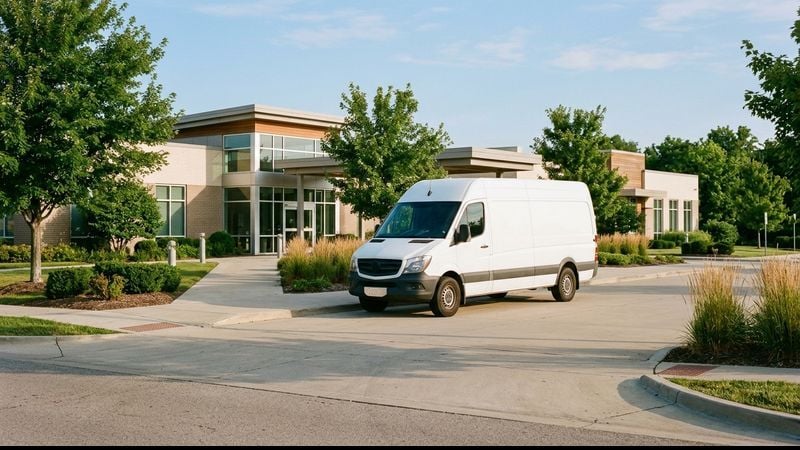 White sprinter van converted as a mobile crisis response unit parked at a modern medical office campus