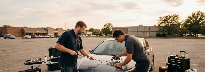 Mobile dent repair technicians using PDR rods and tools to repair a vehicle panel