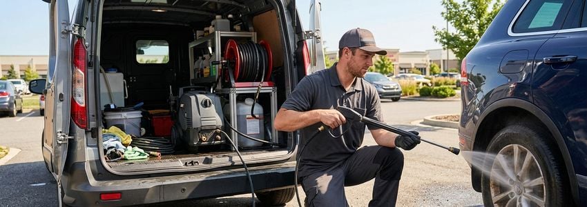 Business owner reviewing financing paperwork next to a mobile detailing van with pressure washing tanks and hoses