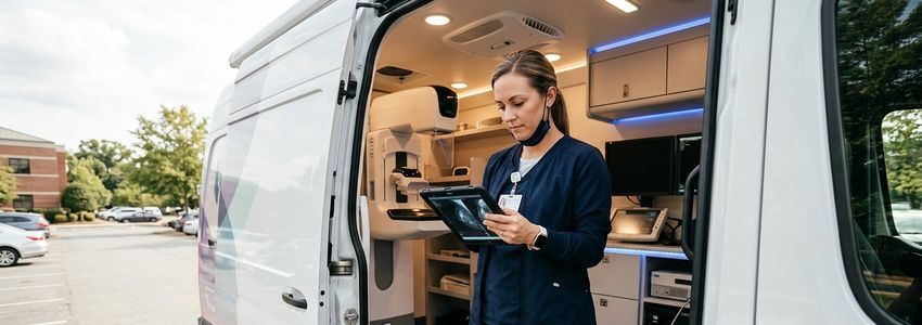 Healthcare technologist reviewing mammography scan results on a tablet inside a mobile mammography van