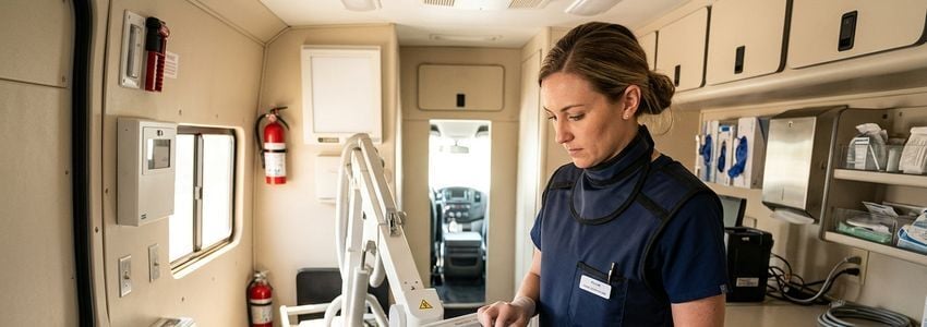 Technician standing beside a mobile medical imaging van at a healthcare facility