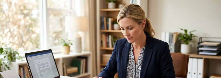 Mobile notary signing agent reviewing loan documents on a laptop with a portable printer at a client's home