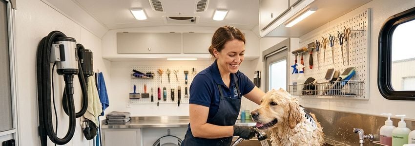 Professional groomer bathing a dog inside a well-equipped mobile pet grooming trailer