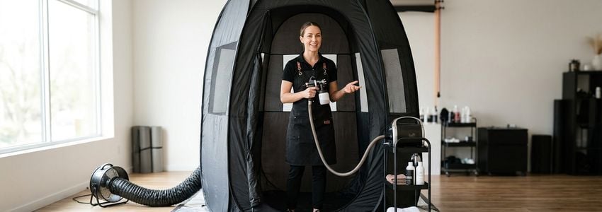 Professional mobile spray tan technician with commercial spray tan equipment and service van
