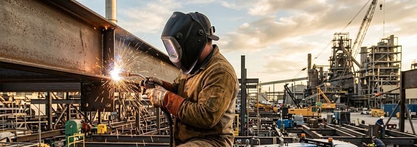 Welder performing on-site metal fabrication using equipment from a mobile welding rig